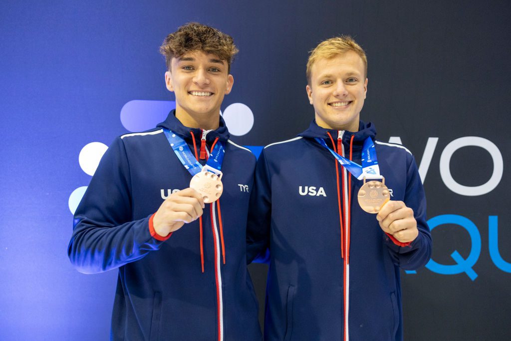 BERLIN, GERMANY - MARCH 23: Tyler Downs and Greg Duncan of Team USA pose with bronze medal after the Men's Synchronized 3m Springboard Final during the World Aquatics Diving World Cup 2024 - Stop 2 on March 23, 2024 in Berlin, Germany. (Photo by Maja Hitij/Getty Images)
