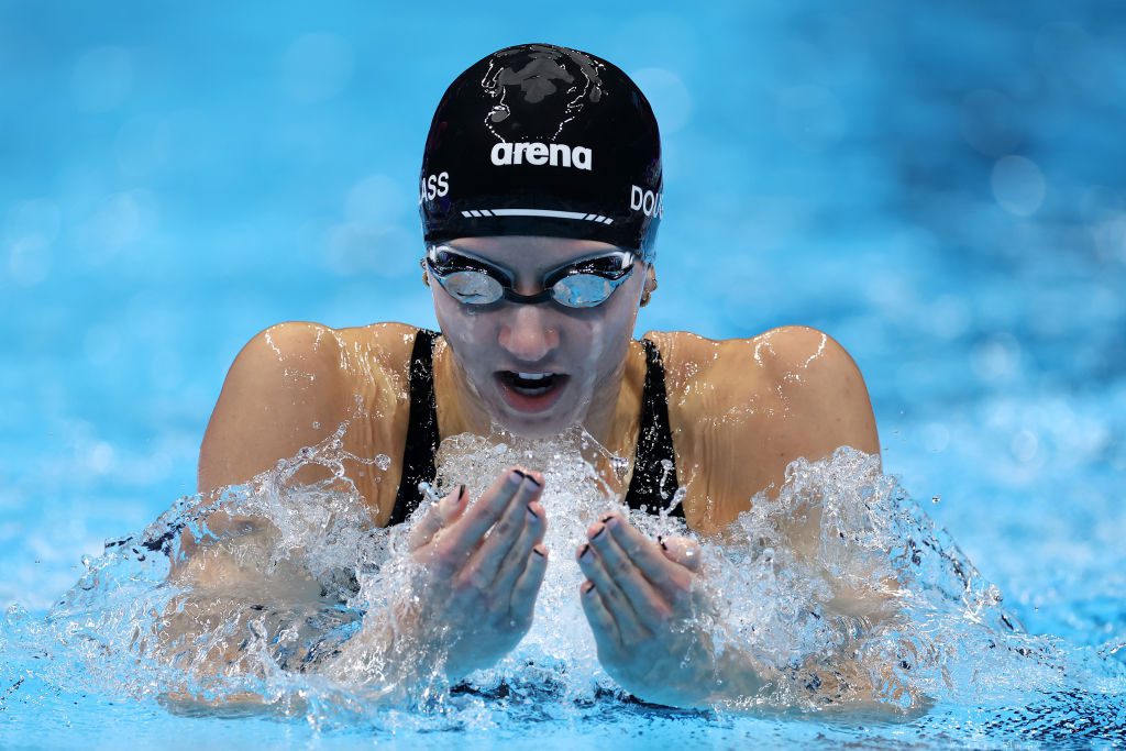 INDIANAPOLIS, INDIANA - JUNE 22: Kate Douglass of the United States competes in the Women's 200m individual medley final on Day Eight of the 2024 U.S. Olympic Team Swimming Trials at Lucas Oil Stadium on June 22, 2024 in Indianapolis, Indiana. (Photo by Al Bello/Getty Images)