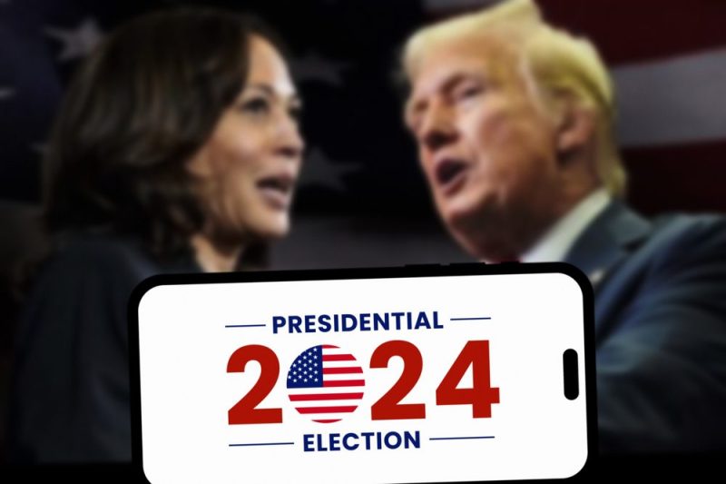 The 2024 American presidential election concept, with Donald Trump and Kamala Harris in the background.