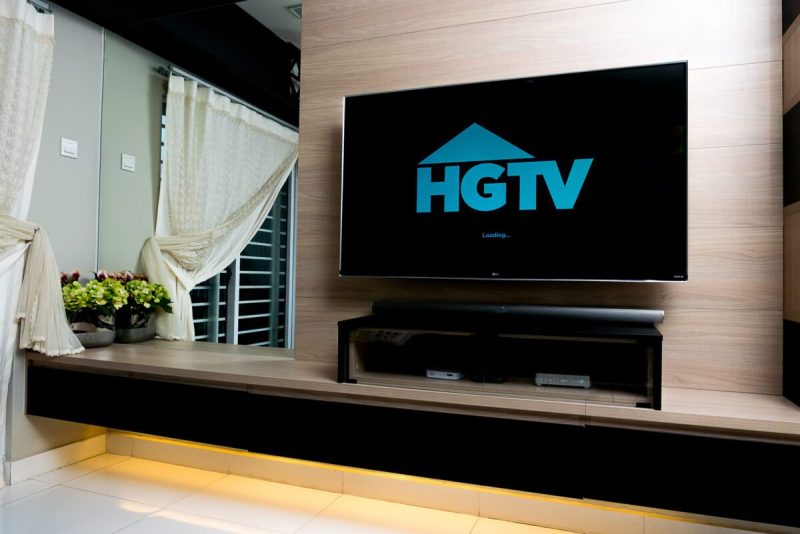 a black tv screen with a blue HGTV logo