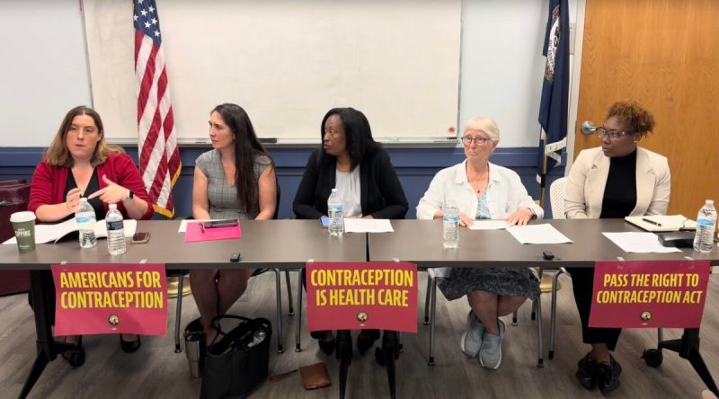 Photo of five women sitting at a table side by side facing the camera.