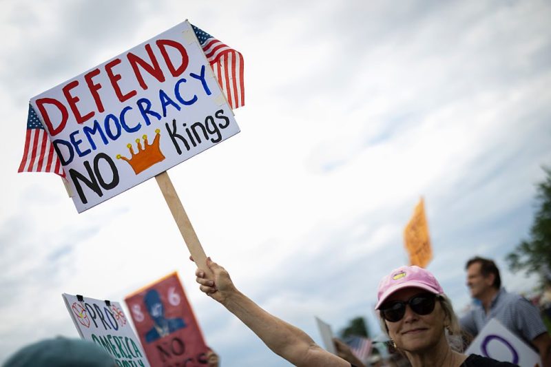 CHARLOTTESVILLE,VA June 14: Saturday, June 14, 2025 in Charlottesville, Va. A few thousand protesters showed up in Charlottesville, Virginia for "No Kings Nationwide Day of Defiance" along Route 29 in the city. Protestors ranged from young to old and many had signs against the president and his administration.