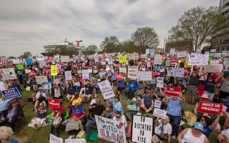 Demonstrators filled Town Point Park in Norfolk, Virginia, Saturday morning, April 5, 2025, to protest the policies of President Donald Trump. The protest, called "Hands Off," was in conjunction with demonstrations held in all 50 states opposing the policies of Trump and his allies.